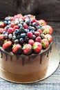 Chocolate brownie cake with fresh summer berries. Decorated with strawberries dipped into melted chocolate. Royalty Free Stock Photo