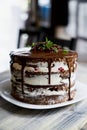 Chocolate brownie cake on a plate on a wooden table Royalty Free Stock Photo