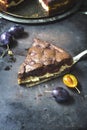 Chocolate brownie cheesecake on dark background. Selective focus