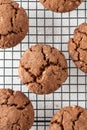 Chocolate brownie cookies with crack on cooling rack on white background. Homemade crinkle cookies