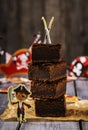 Chocolate brownie. Treats for children`s holiday. Pirate Party