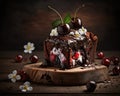 Chocolate brownie decorated with cherry on wooden table.