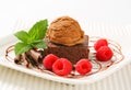 Chocolate Brownie with ice cream and raspberries Royalty Free Stock Photo