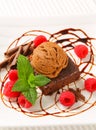 Chocolate Brownie with ice cream and raspberries Royalty Free Stock Photo