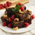 Chocolate brownie with raspberries and cashews. Royalty Free Stock Photo
