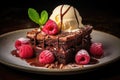 Chocolate brownie with raspberries and a scoop of ice cream Royalty Free Stock Photo