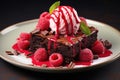 Chocolate brownie with a scoop of ice cream and raspberries Royalty Free Stock Photo
