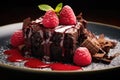 Chocolate brownie with a scoop of ice cream and raspberries Royalty Free Stock Photo