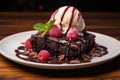 Chocolate brownie with a scoop of ice cream and raspberries Royalty Free Stock Photo