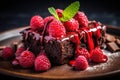 Chocolate brownie with a scoop of ice cream and raspberries Royalty Free Stock Photo