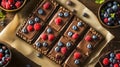 Chocolate brownies, berries, baking sheet, kitchen, overhead Royalty Free Stock Photo