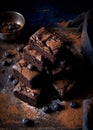 Chocolate brownies with blueberries on rustic wooden surface. Generative Ai Royalty Free Stock Photo