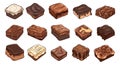 Chocolate brownies collection. Different brownie isolated on white, with cocoa and white biscuits and liquid syrup