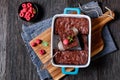 chocolate brownies with fresh raspberry and mint Royalty Free Stock Photo