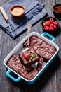 chocolate brownies with fresh raspberry and mint Royalty Free Stock Photo