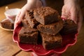 Chocolate brownies on a plate. Traditional American chocolate dessert Royalty Free Stock Photo
