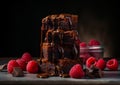 Chocolate brownies with raspberries. Generative Ai Royalty Free Stock Photo