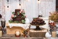 Chocolate brownies in stacked on wooden table Royalty Free Stock Photo