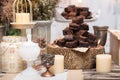 Chocolate brownies in stacked on wooden table Royalty Free Stock Photo