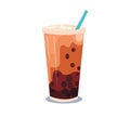 Chocolate bubble milk tea, boba or tapioca pearls ice in a plastic cup with a straw