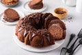 Chocolate bundt cake with chocolate ganache icing Royalty Free Stock Photo