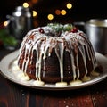 Chocolate bundt cake with icing sugar on a wooden background