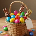 Chocolate Bunnies and Easter Eggs Sitting in an Easter Basket Mockup Royalty Free Stock Photo