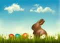 Chocolate bunny with easter eggs in grass.