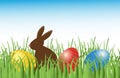 Chocolate bunny with easter eggs in grass. Vector.