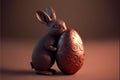Chocolate bunny eating chocolate easter egg.Easter illustration with copyspace. Royalty Free Stock Photo