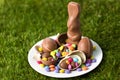 Chocolate bunny, eggs and candy drops on plate Royalty Free Stock Photo