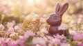 Chocolate Bunny and Golden Easter Egg in Flowers Royalty Free Stock Photo