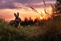 chocolate bunny on a meadow with a blurred twilight sunset background Royalty Free Stock Photo