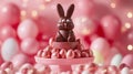 Chocolate Bunny Sitting Atop Pink Glitter Easter Eggs Royalty Free Stock Photo