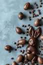 A chocolate bunny is surrounded by quail eggs on a blue backdrop, with a scattering of chocolate chips. Easter