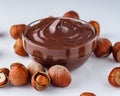 Chocolate butter and hazelnuts on a white acrylic background Royalty Free Stock Photo