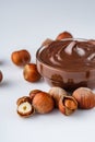 Chocolate butter and hazelnuts on a white acrylic background Royalty Free Stock Photo