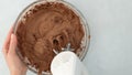 Chocolate buttercream frosting, mixing ingredients in glass bowl using an electric mixer