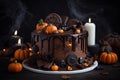 Chocolate cake against a black background with floating smoke with a Halloween theme Royalty Free Stock Photo