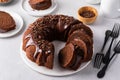 Chocolate cake baked in a bundt pan with chocolate ganache glaze Royalty Free Stock Photo