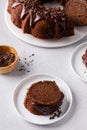 Chocolate cake baked in a bundt pan with chocolate ganache glaze Royalty Free Stock Photo