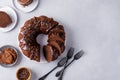 Chocolate cake baked in a bundt pan with chocolate ganache glaze Royalty Free Stock Photo