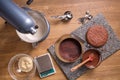 Chocolate cake baking ingredients on kitchen table with kitchenware, top view Royalty Free Stock Photo