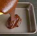 Chocolate Cake Batter Being Poured into Greased Cake Pan with Blurry Cake Mixture in Foreground Royalty Free Stock Photo