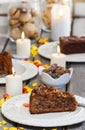 Chocolate cake, beautiful party table setting