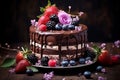 Chocolate cake ,berries and fresh flowers Royalty Free Stock Photo