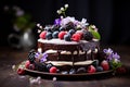 Chocolate cake ,berries and fresh flowers Royalty Free Stock Photo