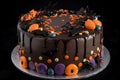 Chocolate cake on black background with falling candies with a Halloween theme Royalty Free Stock Photo