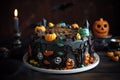 Chocolate Cake with Black Ghost Bats with Halloween