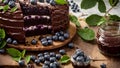 Chocolate cake blueberries in the decorated cream fresh homemade baked pastry gourmet